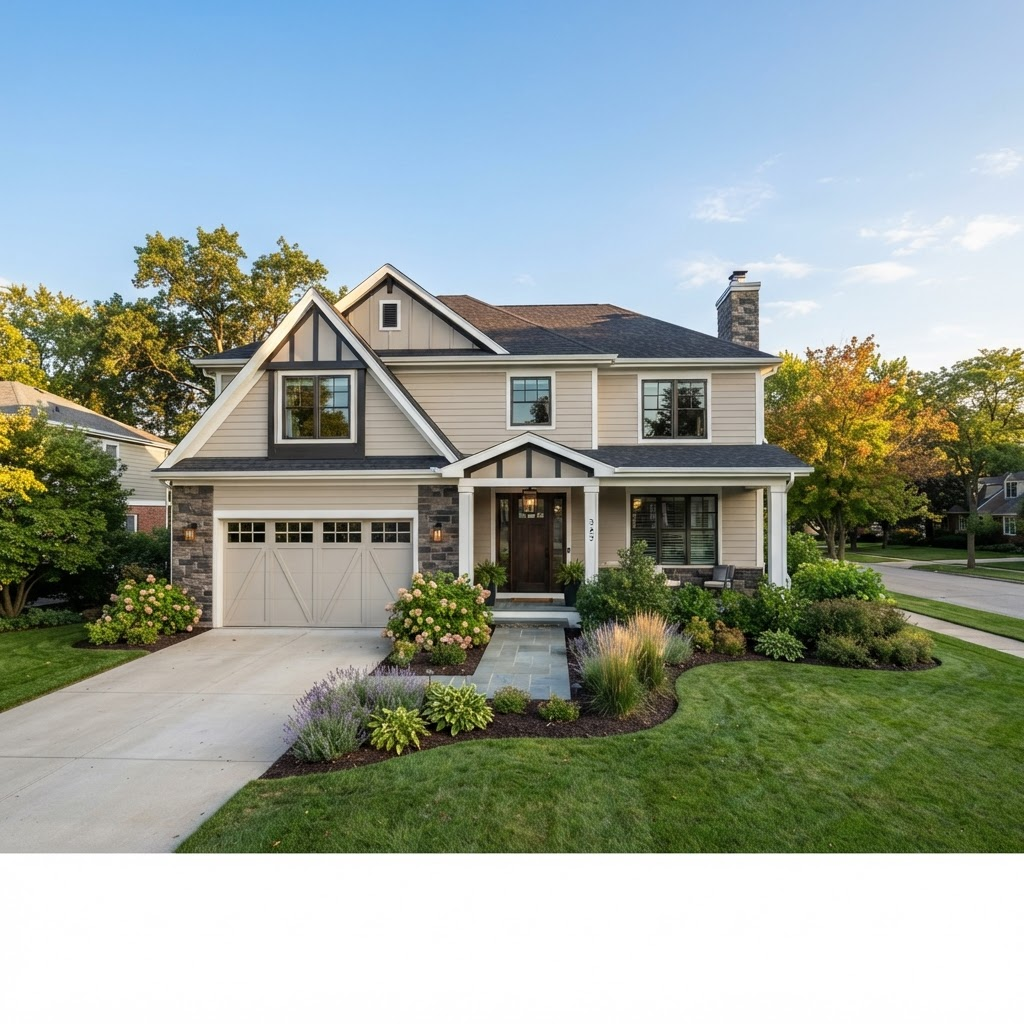 Illustrative concept: exterior of a suburban home served by a home-services company